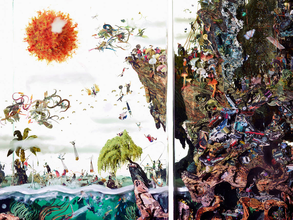 The Politics of Eternity (detail), 2019
Glass, Collage, Acrylic, Steel
98" x 192.25" x 19.25"