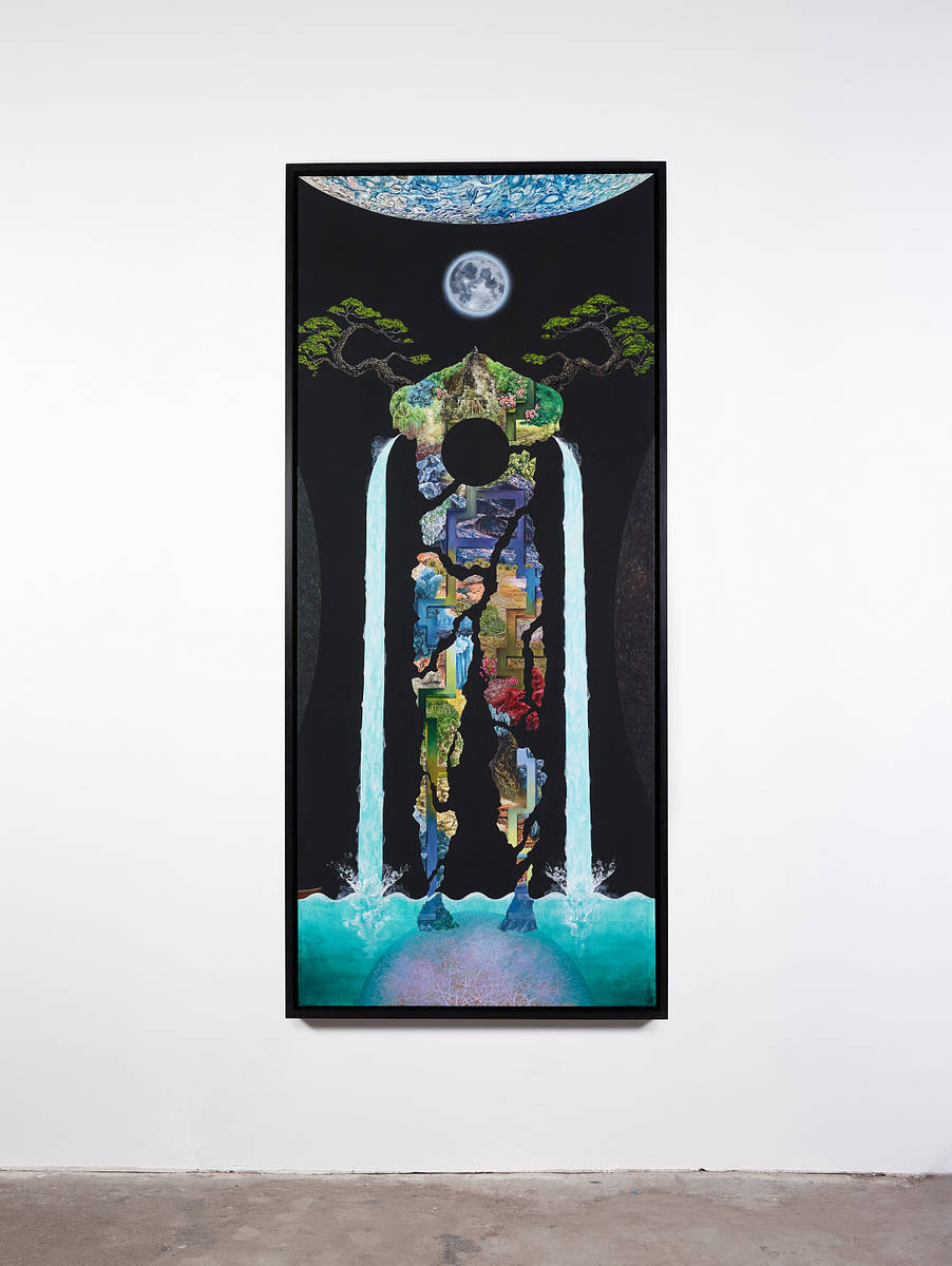 *The Body Problem (Jupiter's Moons)*, 2022
Collage and Acrylic on canvas
85.5 x 37.5 x 3 inches framed