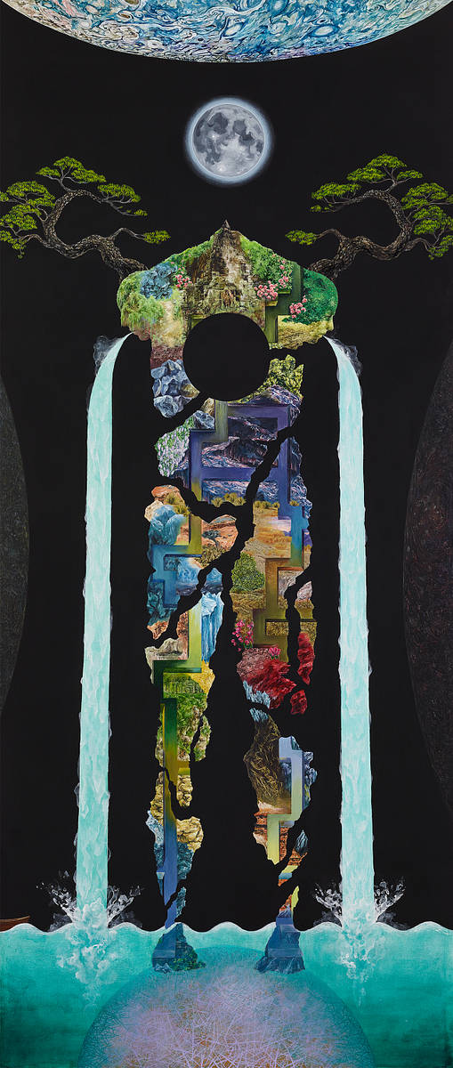The Body Problem (Jupiter's Moons), 2022
Collage and acrylic on canvas
84 x 36 x 2 inches