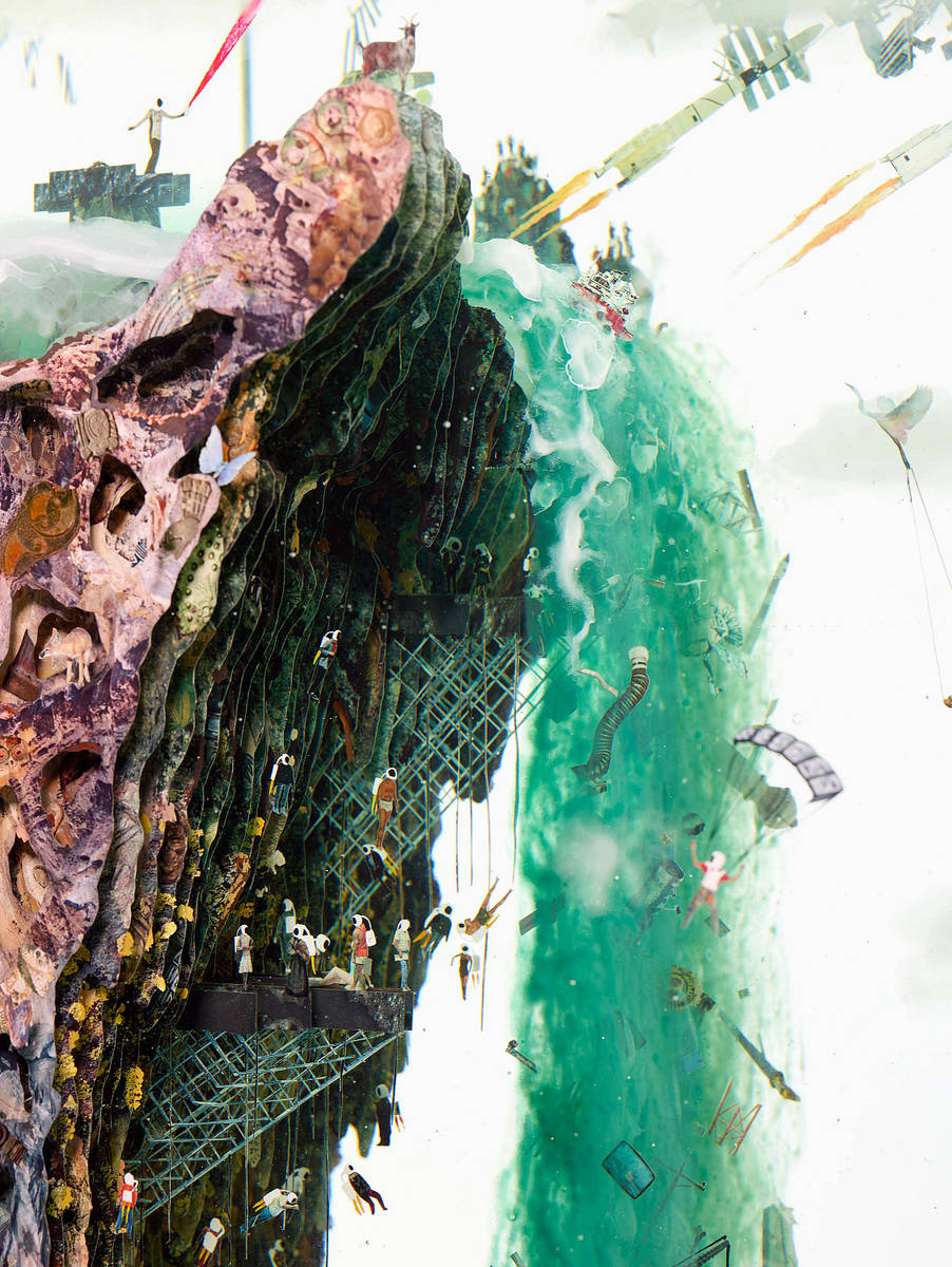 The Politics of Eternity (detail), 2019
Glass, Collage, Acrylic, Steel
98" x 192.25" x 19.25"