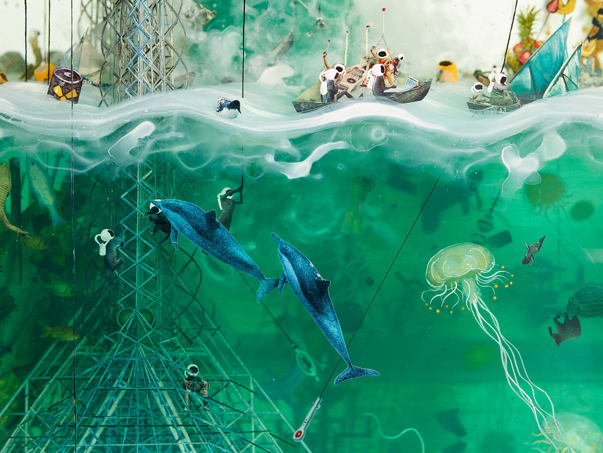 The Politics of Eternity (detail), 2019
Glass, Collage, Acrylic, Steel
98" x 192.25" x 19.25"