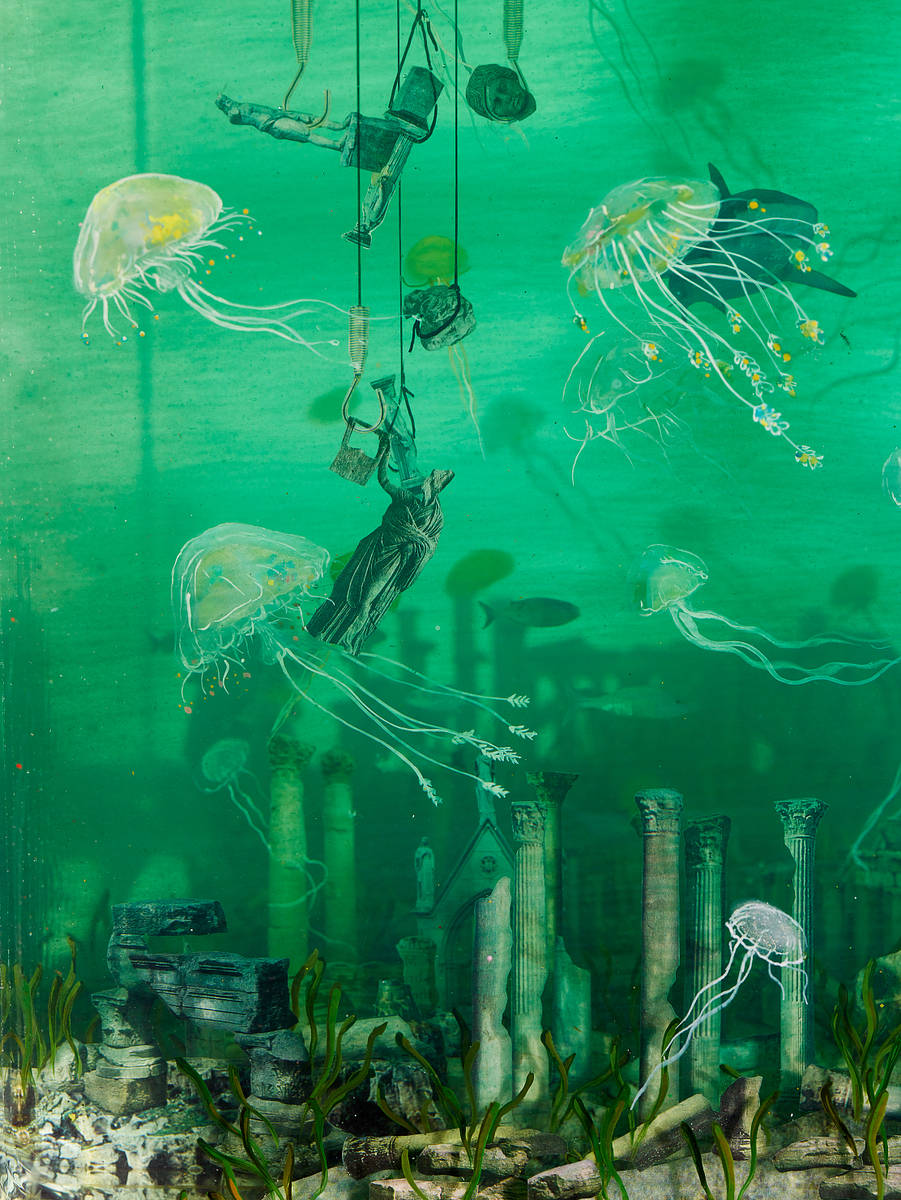 The Politics of Eternity (detail), 2019
Glass, Collage, Acrylic, Steel
98" x 192.25" x 19.25"