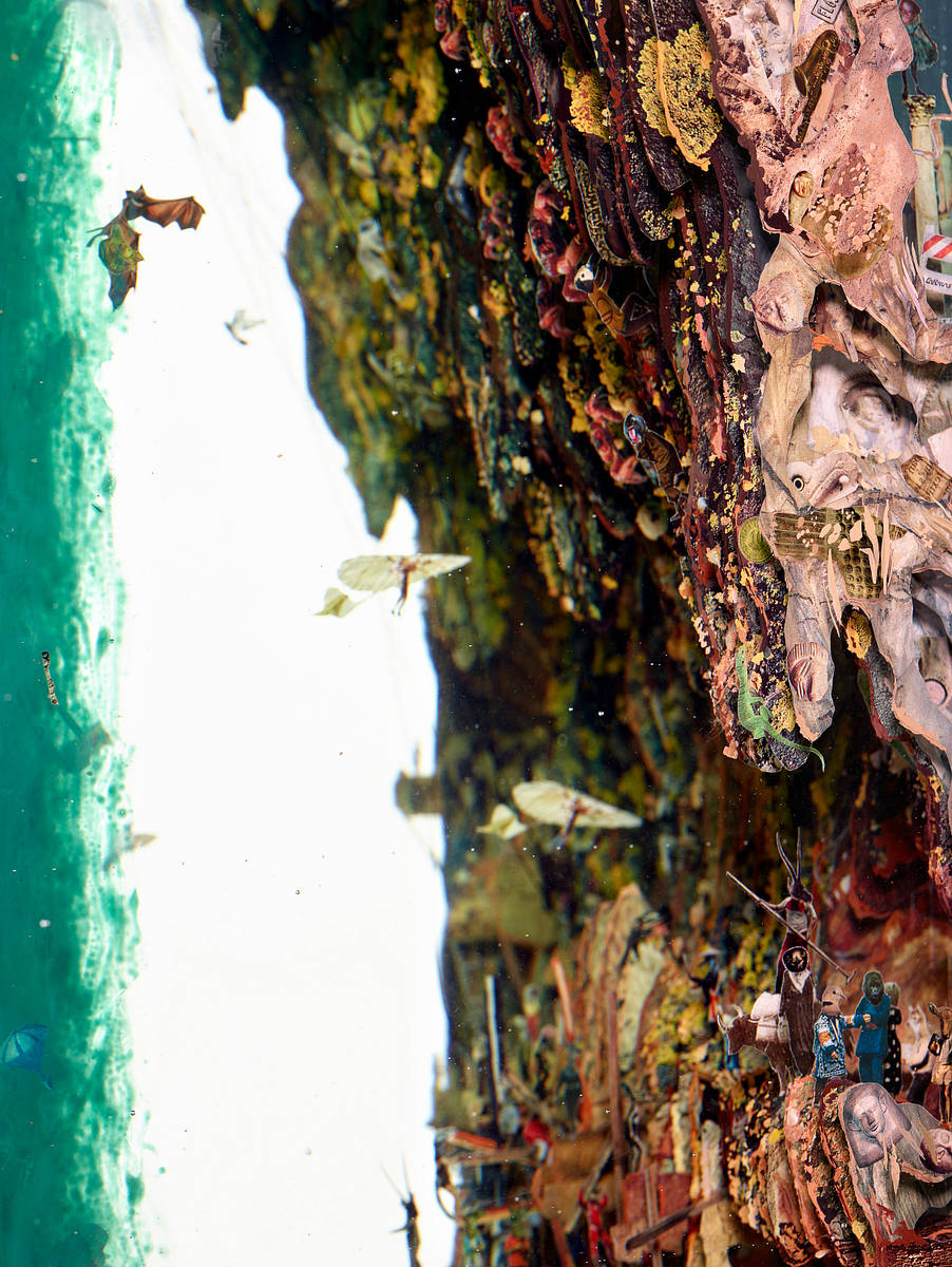 The Politics of Eternity (detail), 2019
Glass, Collage, Acrylic, Steel
98" x 192.25" x 19.25"