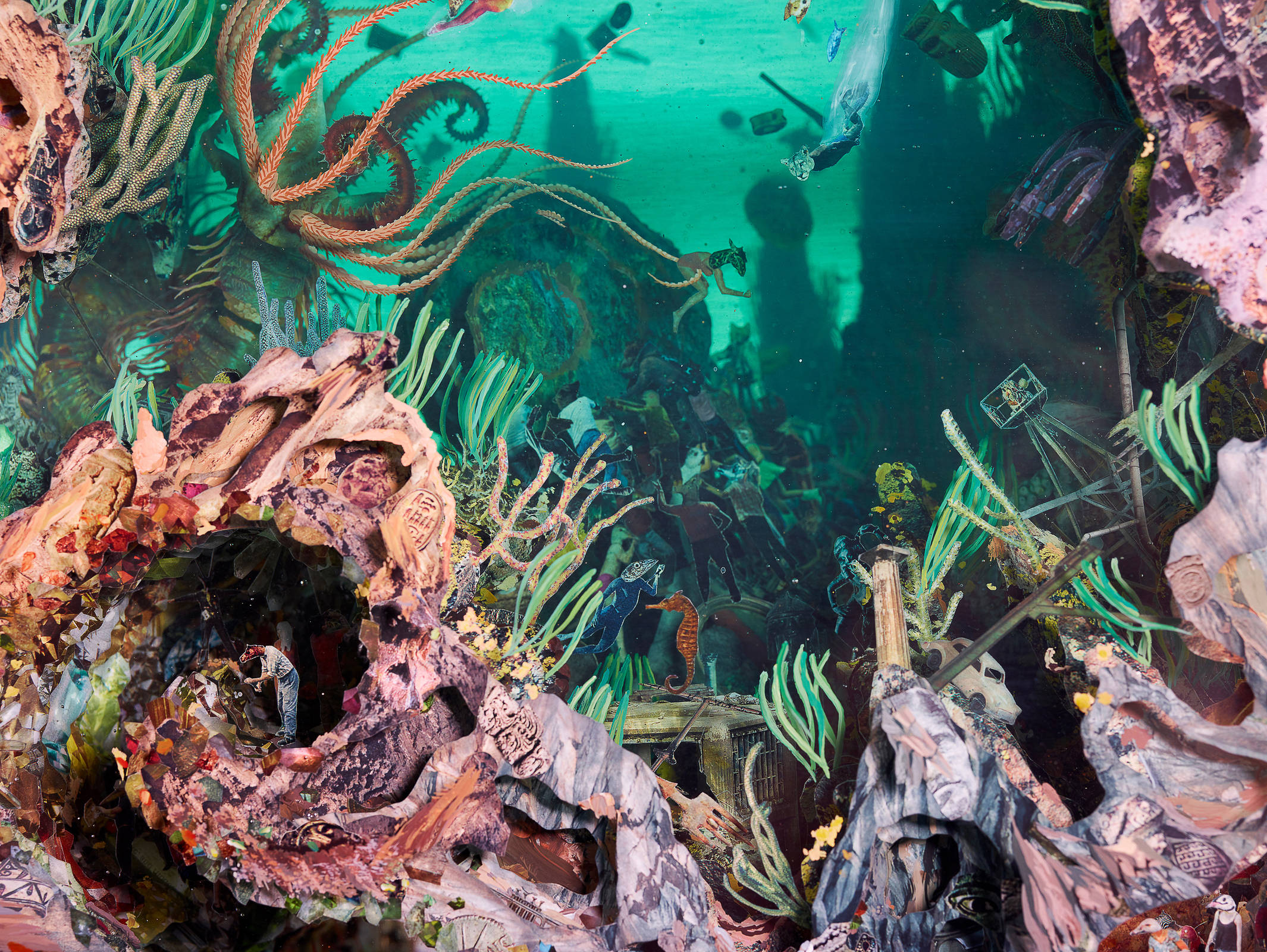 The Politics of Eternity (detail), 2019
Glass, Collage, Acrylic, Steel
98" x 192.25" x 19.25"