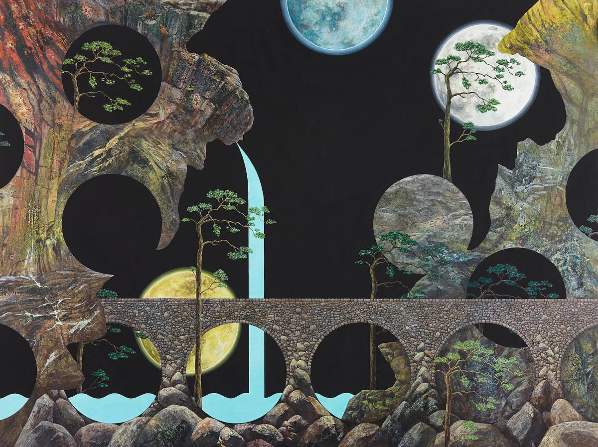 **Pattern Recognition, 2023**
Collage and acrylic on canvas
56.5 x 74.5 x 3.5 inches framed
