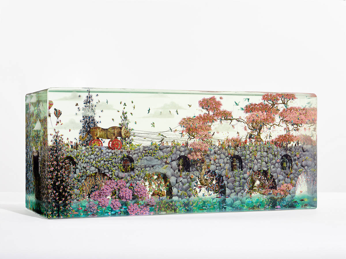 *Arcadia to Empire*, 2025
UV Printed Glass, Epoxy, Collage, Acrylic Paint
10.25 x 25.25 x 9.625 inches