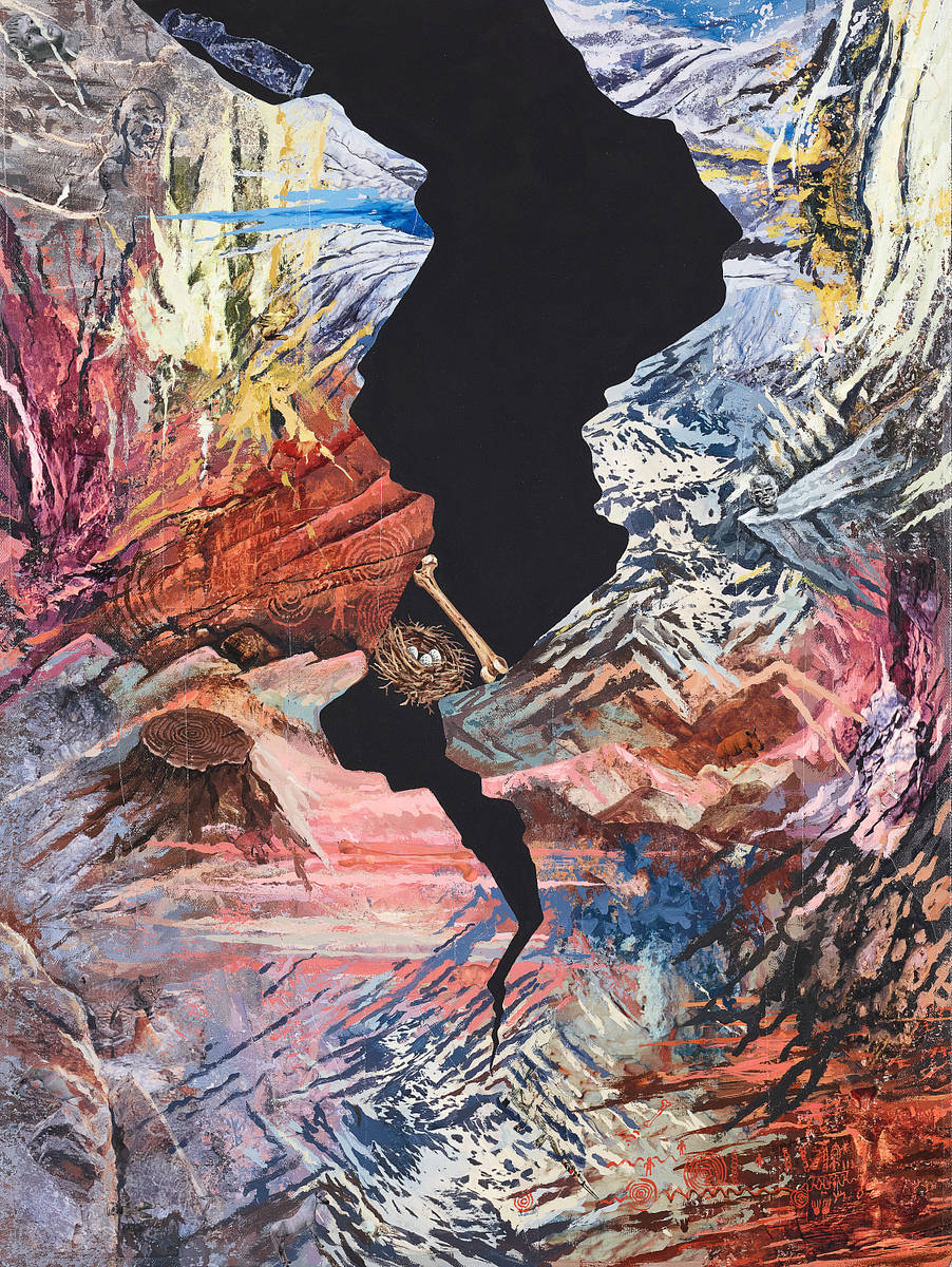 **Bone Protects Eggs, 2025**
Collage and acrylic on canvas
25.25 x 19.375 x 3 inches framed
