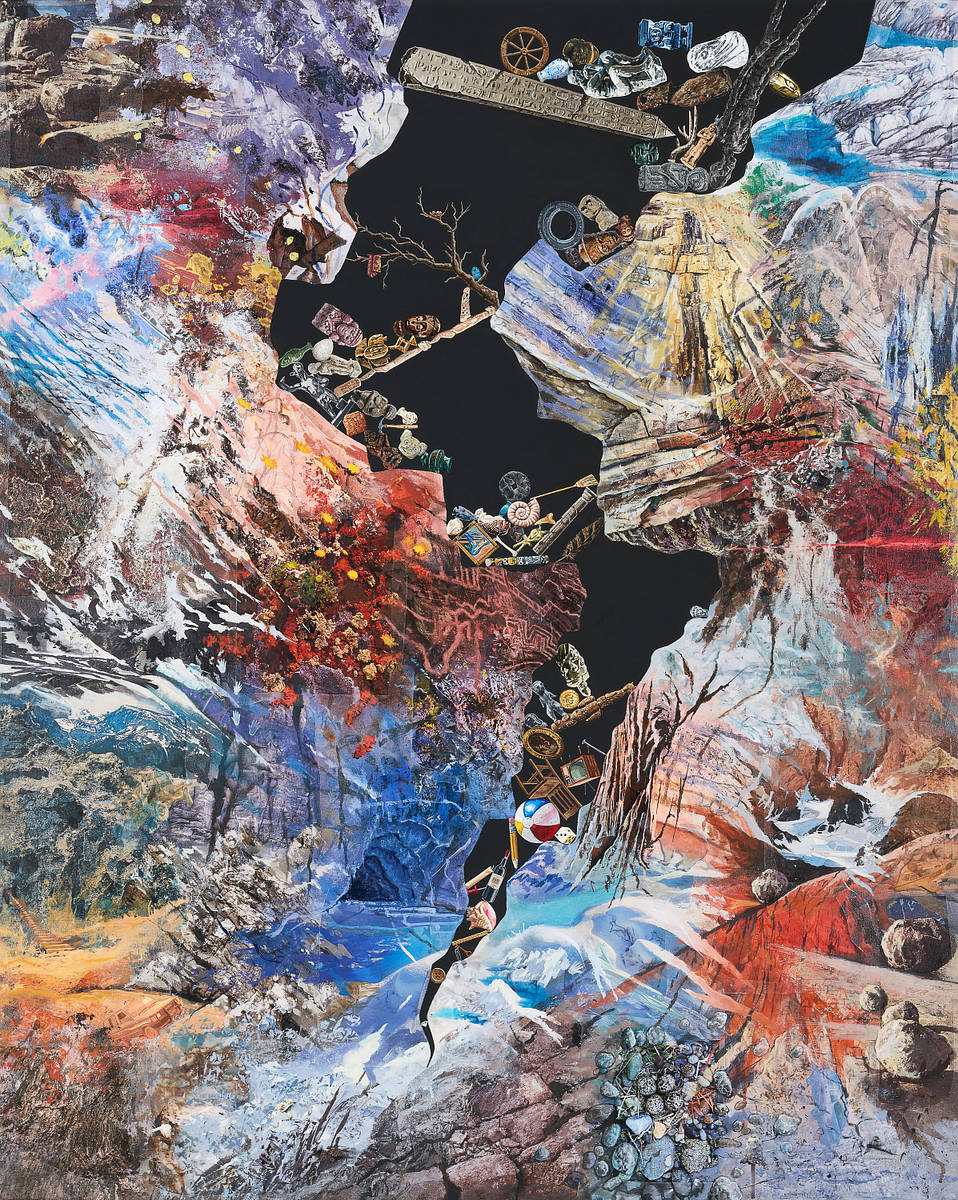 **Crack Painting I, 2025**
Collage and acrylic on canvas
51.25 x 41.25 x 3 inches framed
