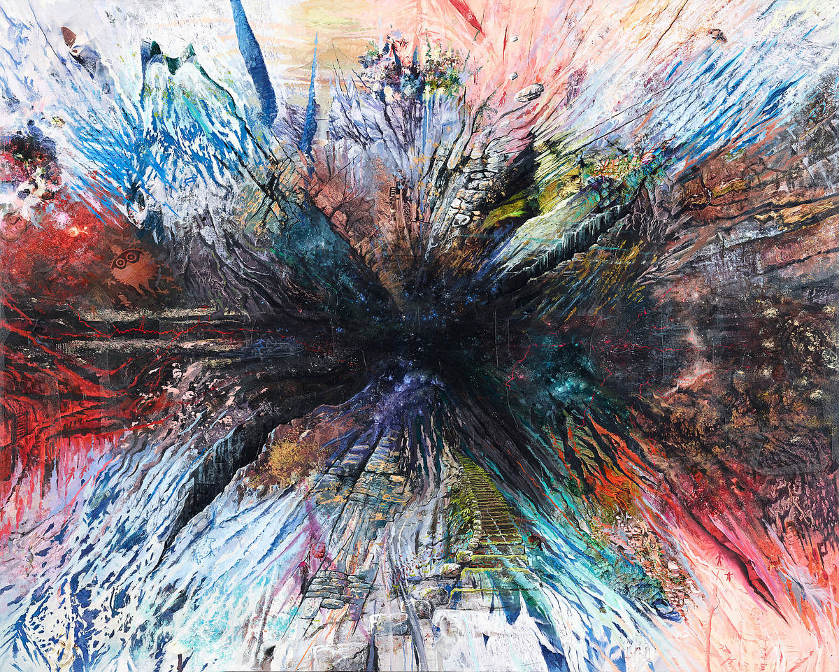 **Leap Before You Look, 2025**
Collage and acrylic on canvas
41.25 x 51.25 x 3 inches framed