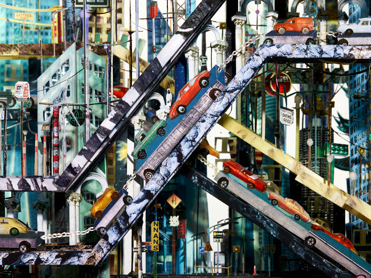 Tunnels under Los Angeles (detail), 2017
Glass, Collage, Acrylic
15.875" x 16.125" x 8"