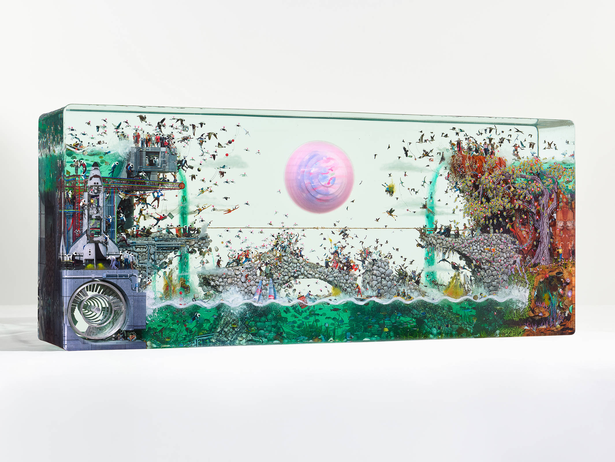 The Consequential Nature of the Simultaneous, 2025
Glass, Collage, Acrylic Paint, Epoxy
20.25 x 48 x 7.875 inches