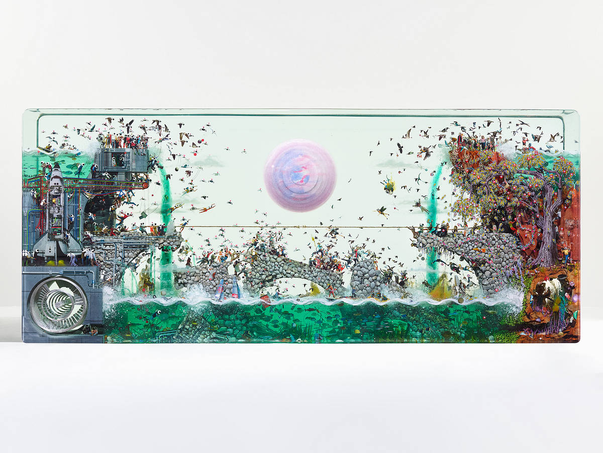 The Consequential Nature of the Simultaneous, 2025
Glass, Collage, Acrylic Paint, Epoxy
20.25 x 48 x 7.875 inches