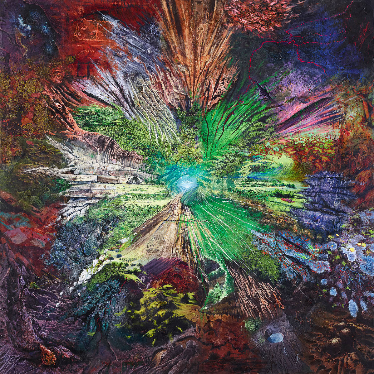 **Werner's Crater, 2025**
Collage and acrylic on canvas
49.5 x 49.5 x 3 inches framed