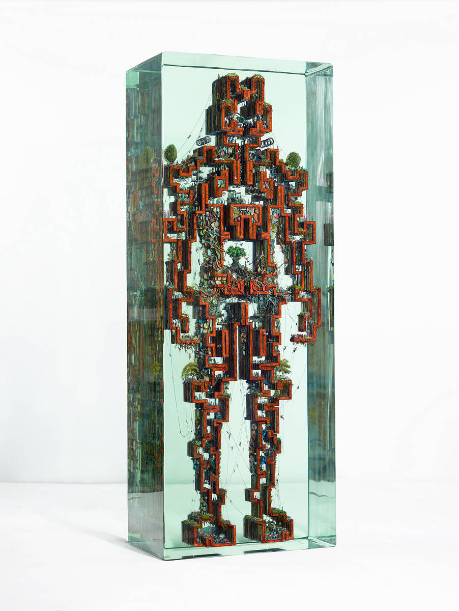 *Psychogeography 100: Man-Machine*, 2017
Glass, Collage, Acrylic
72 x 27 x 15 inches
Private Collection